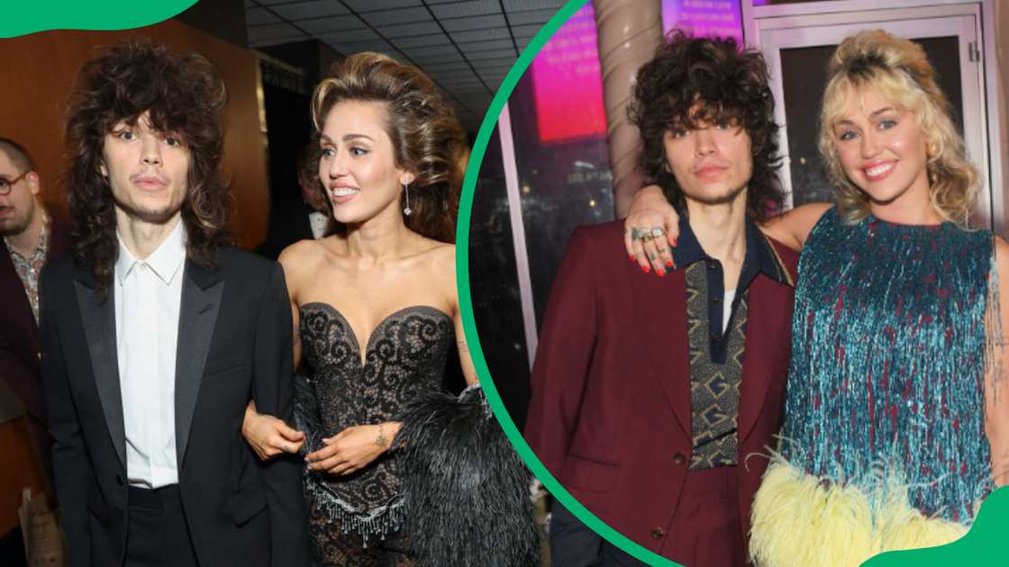 Maxx Morando and Miley Cyrus at The 66th Annual Grammy Awards (L). Maxx Morando and Miley Cyrus at the front row for Guicci Love Parade (R).