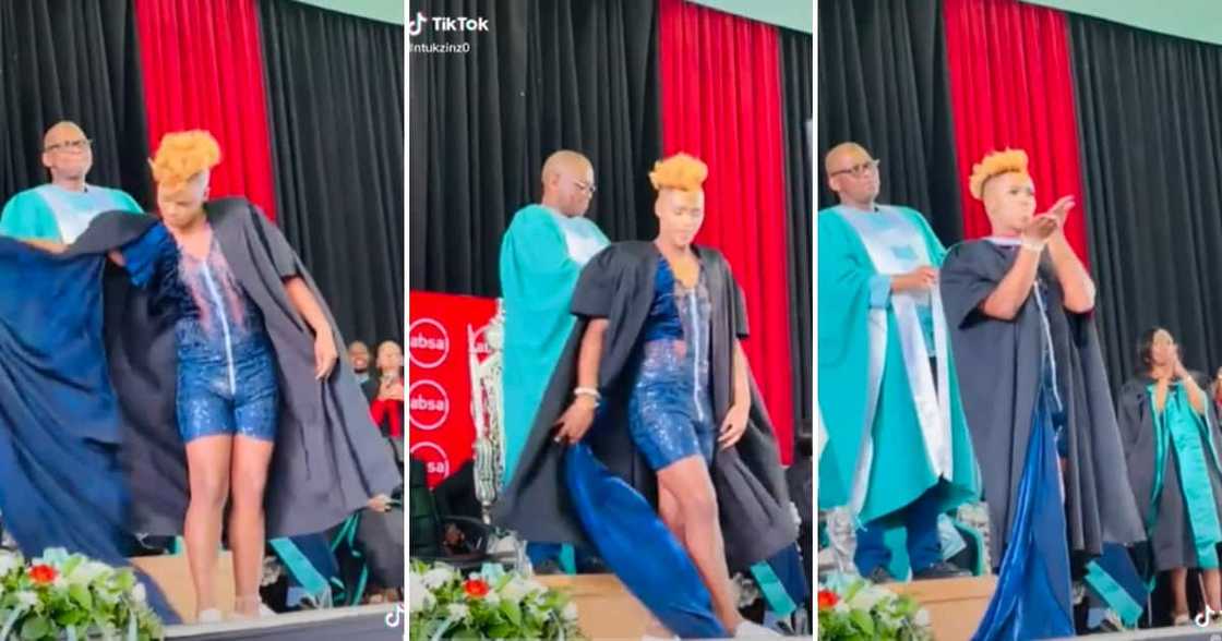 A stylish man wowed the crowd at his graduation with confidence. A stylish man wowed the crowd at his graduation with confidence.