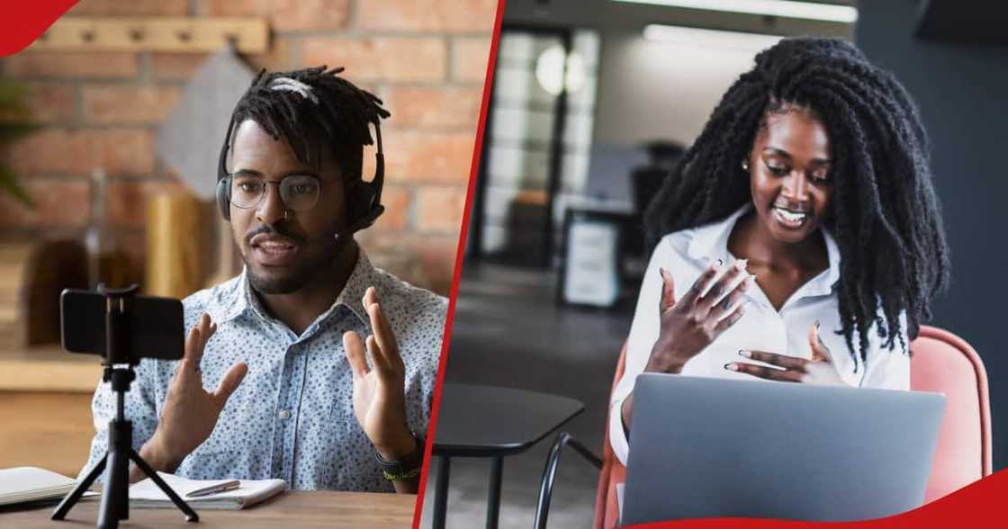 Man and woman during an online interview. Man and woman during an online interview.