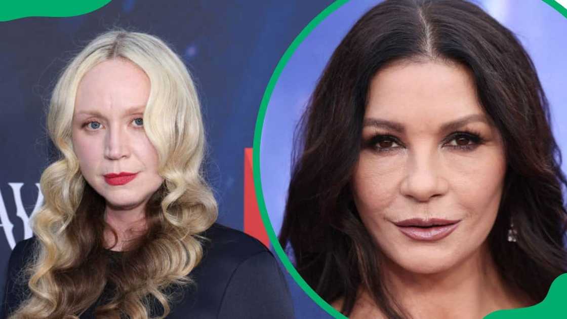 Gwendoline Christie during the photo call for Wednesday in 2023 (L). Catherine Jones during Wednesday's 2023 ATAS official event (R) Gwendoline Christie during the photo call for Wednesday in 2023 (L). Catherine Jones during Wednesday's 2023 ATAS official event (R)