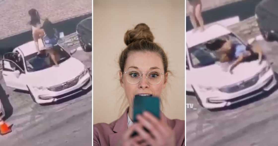 A lady fell through a windshield after trying to have fun on a car. A lady fell through a windshield after trying to have fun on a car.