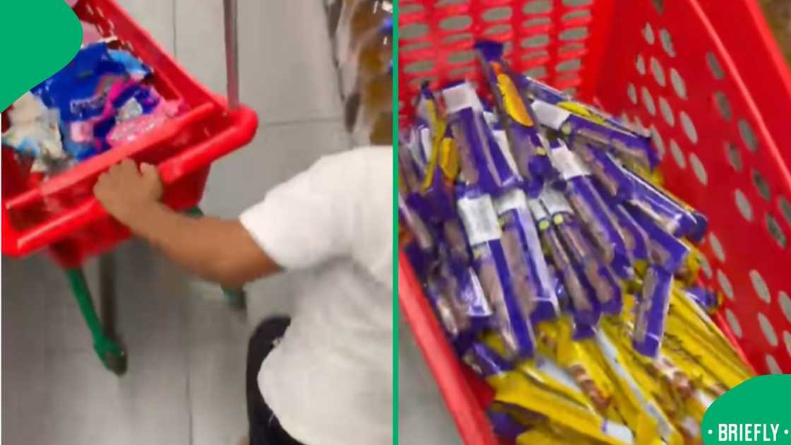 The little girl was running and filling her cart with snacks