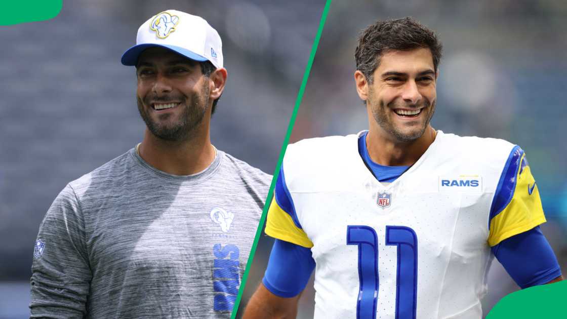 Jimmy Garoppolo smiles on the field and warms up before a game Jimmy Garoppolo smiles on the field and warms up before a game