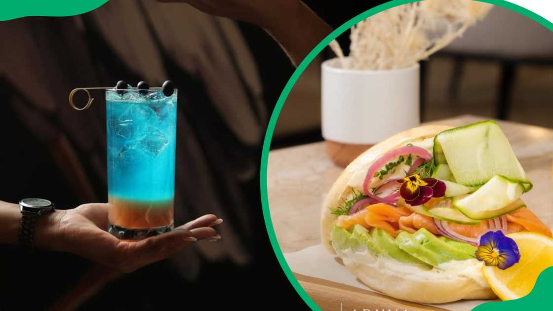 Cocktail (L). Smoked Salmon Bagel (R)