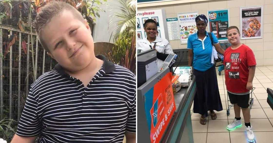 Young boy buys groceries for a needy woman Young boy buys groceries for a needy woman
