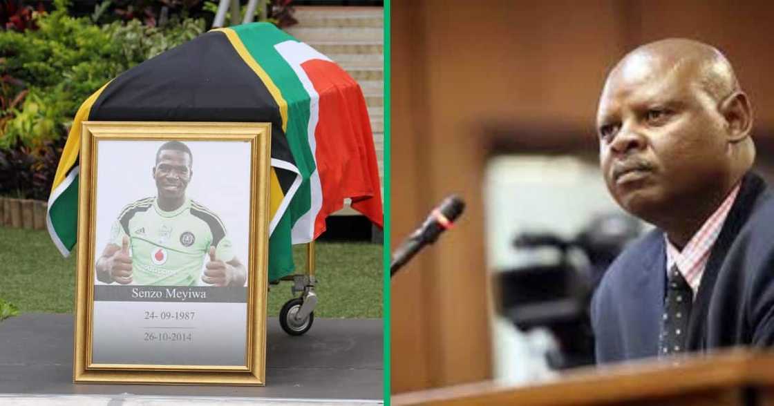 Collage image of the late Senzo Meyiwa and police officer Thabo Mosia Collage image of the late Senzo Meyiwa and police officer Thabo Mosia