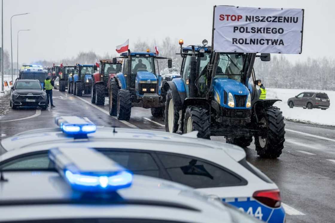 A banner reading 'Stop destroying Polish agriculture' at the Polish-Ukrainian border crossing in Dorohusk, eastern Poland, on Friday A banner reading 'Stop destroying Polish agriculture' at the Polish-Ukrainian border crossing in Dorohusk, eastern Poland, on Friday