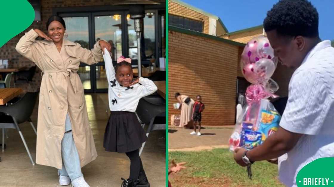 The visual on the left showed a dad standing with his daughter at graduation holding a colourful basket gift