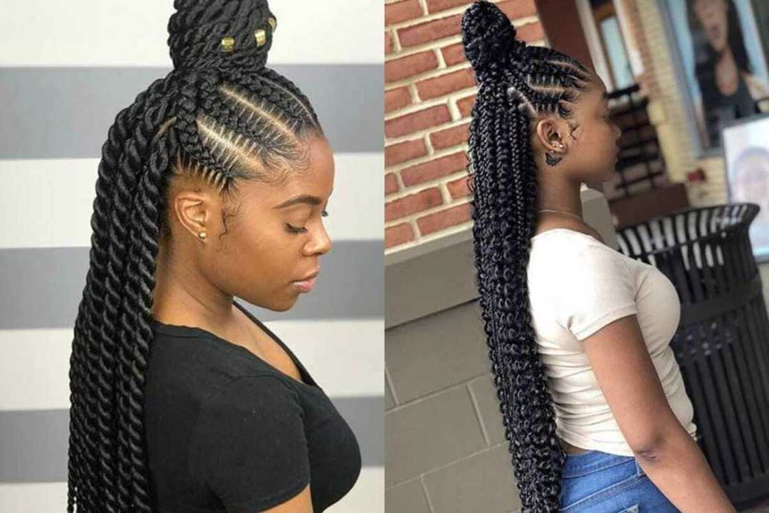 Half-updo with long freely hanging braids Half-updo with long freely hanging braids