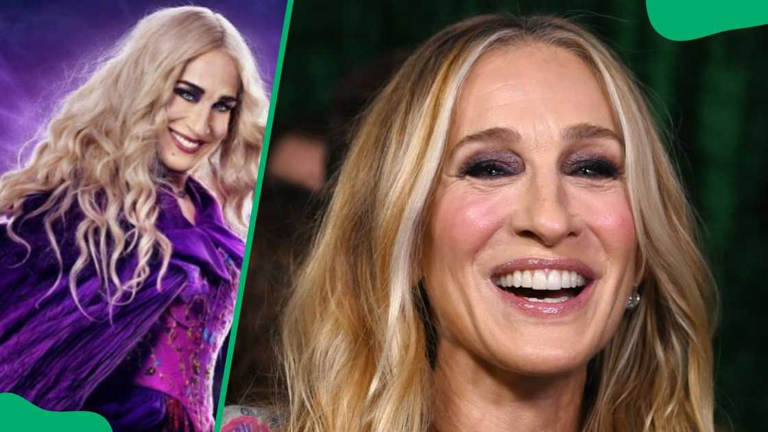 Sarah Jessica as Sarah Sanderson (L). The actress at the Hocus Pocus 2 premiere in 2022 (R) Sarah Jessica as Sarah Sanderson (L). The actress at the Hocus Pocus 2 premiere in 2022 (R)