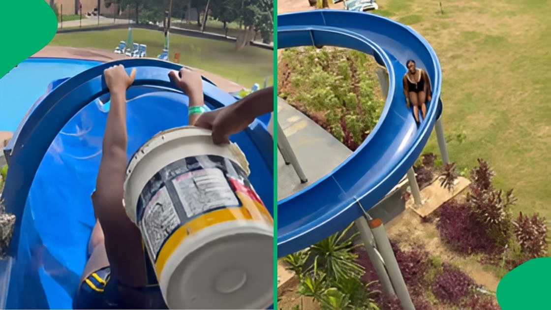Workers used paint buckets to splash water down the chute so guests could move Workers used paint buckets to splash water down the chute so guests could move