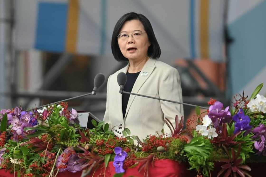 Taiwan's President Tsai Ing-wen speaks at a ceremony to mark the island's National Day in front of the Presidential Office in Taipei on October 10, 2022. Taiwan's President Tsai Ing-wen speaks at a ceremony to mark the island's National Day in front of the Presidential Office in Taipei on October 10, 2022.