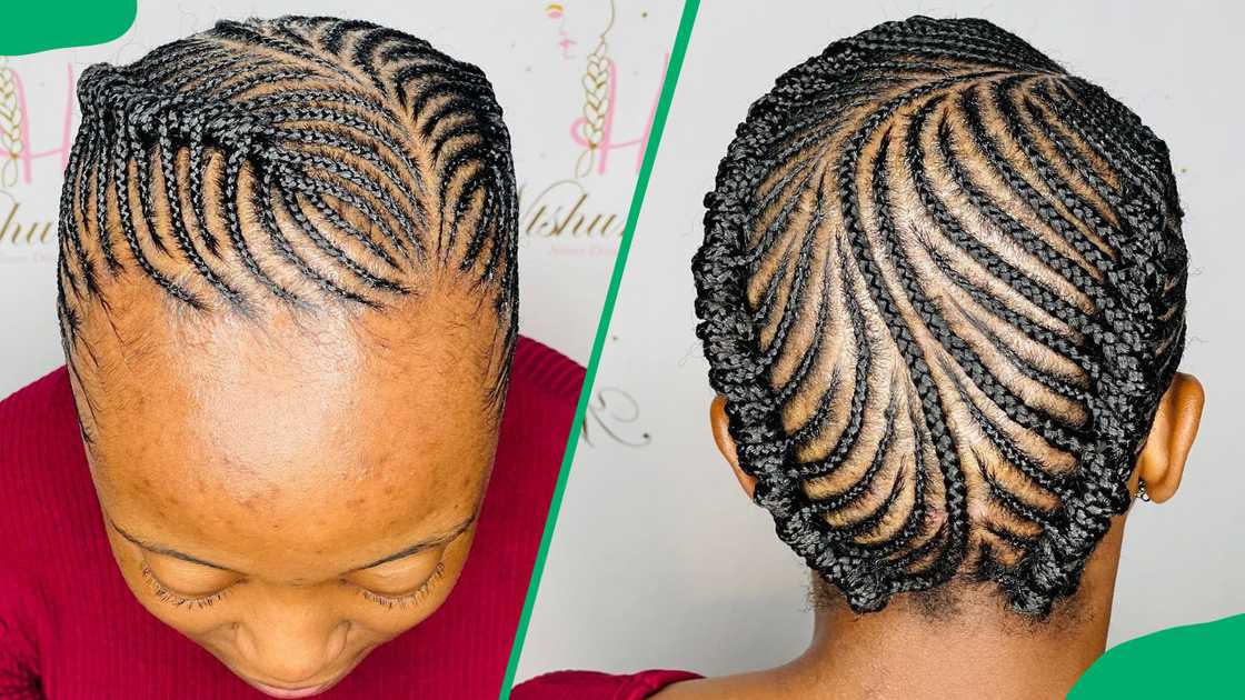A lady flaunting detailed fishbone cornrows at the crown A lady flaunting detailed fishbone cornrows at the crown
