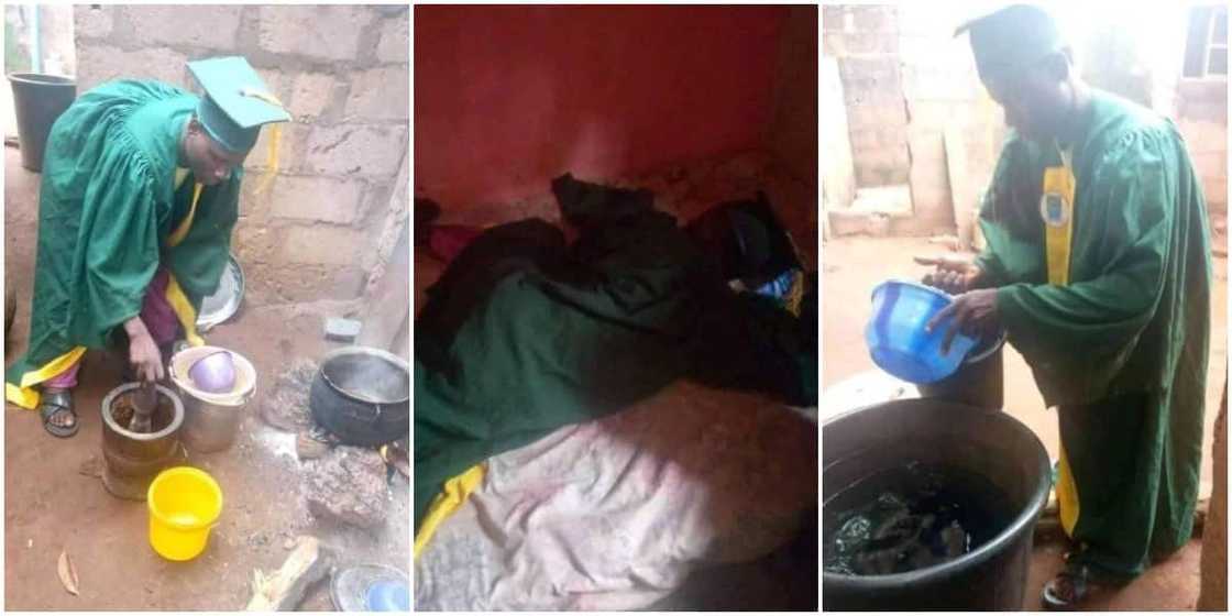 Reactions as student wears matric gown to cook and sleep after the ceremony, says he cannot return it yet as he got it for 5k