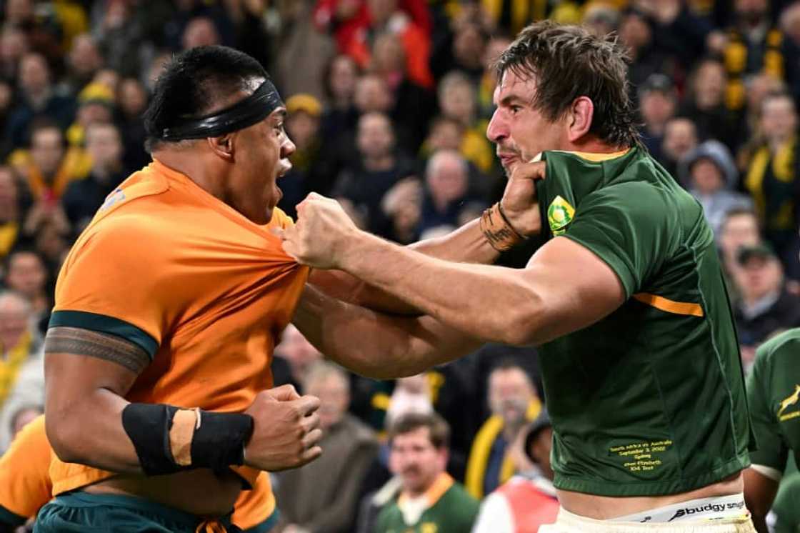 South Africa's Eben Etzebeth (right) squares up with Australia's Allan Alaalatoa during the heated Springboks win in Sydney