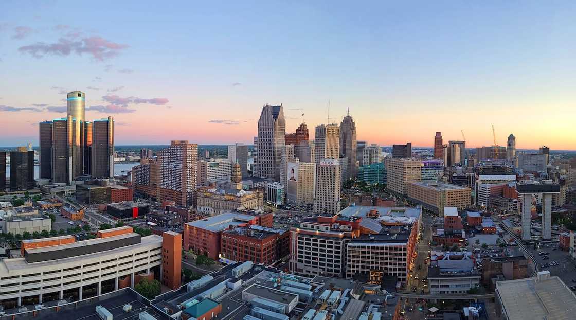 A panoramic view of dusk in Detroit A panoramic view of dusk in Detroit