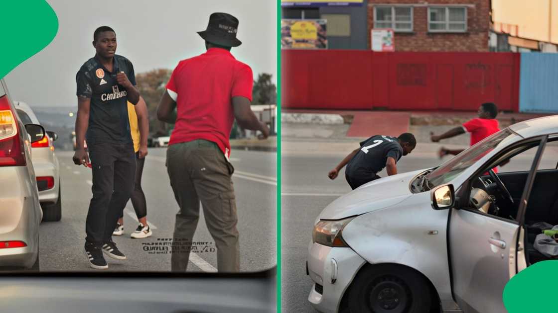 Drivers were filmed getting into a chaotic roadside fight following a traffic dispute