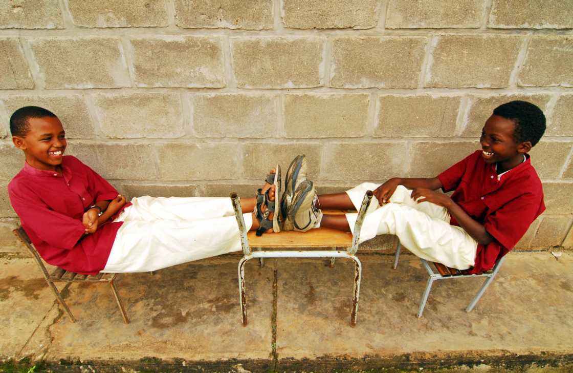 Two schoolboys sit, laugh together.