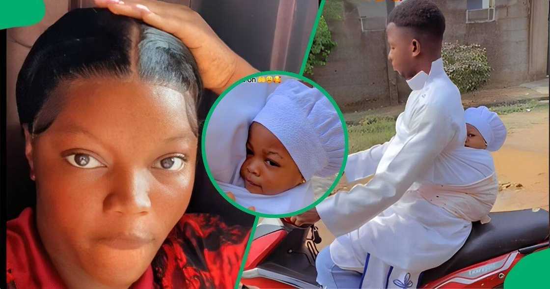 A father took his baby to church on his back while riding a motorbike A father took his baby to church on his back while riding a motorbike