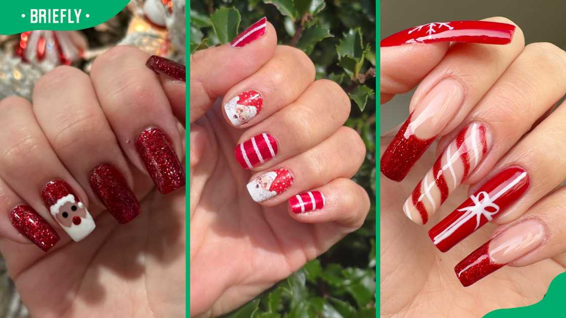 Sparkling Santa nails(L)Red shimmer and Santa nails (C) festive red and white nails (R)