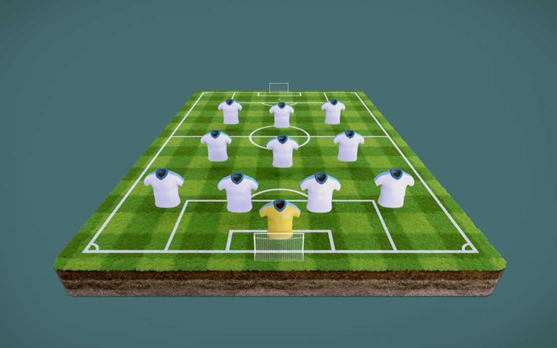 3D rendering of a football pitch and blank football shirts with a 4-3-3 formation