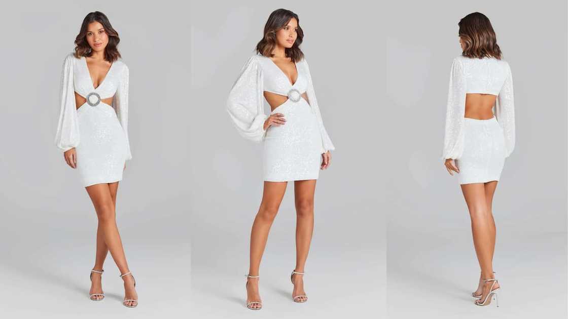 Cut-out white sequin mini with blouson sleeves and low V-neckline