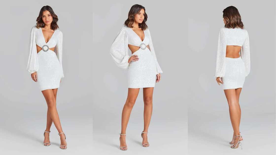 Cut-out white sequin mini with blouson sleeves and low V-neckline Cut-out white sequin mini with blouson sleeves and low V-neckline