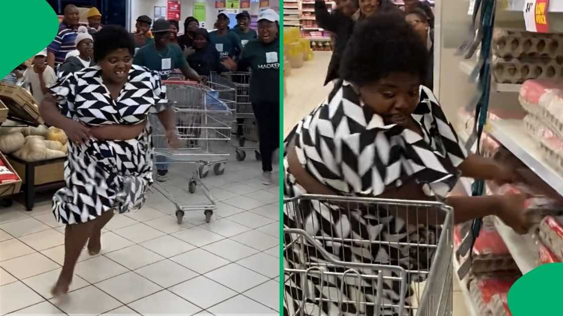 A woman ran to fill her trolley with groceries and almost smashed the eggs. A woman ran to fill her trolley with groceries and almost smashed the eggs.