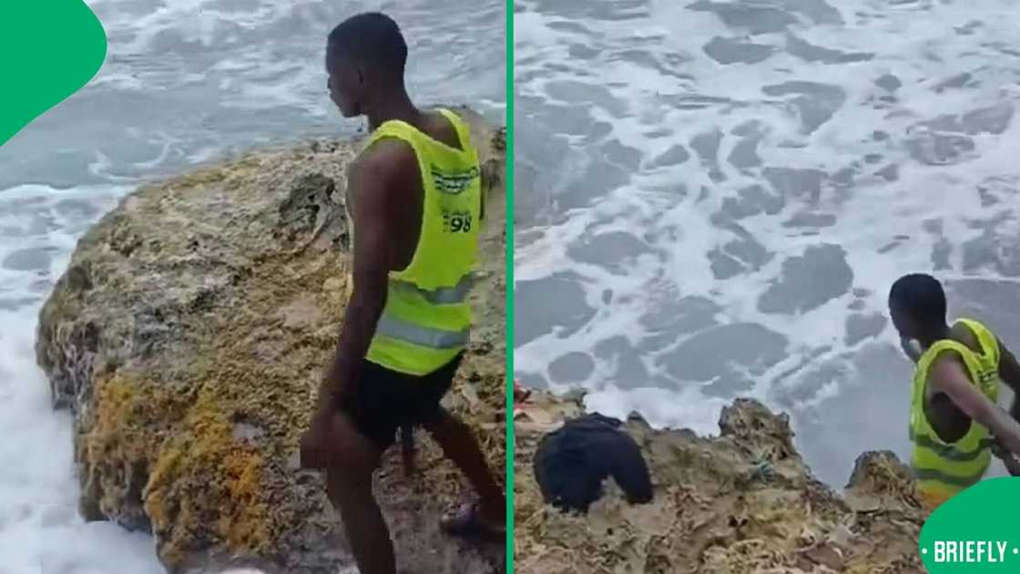 A young man trying to be Moses was swept away by an ocean wave in a hilarious stunt. A young man trying to be Moses was swept away by an ocean wave in a hilarious stunt.