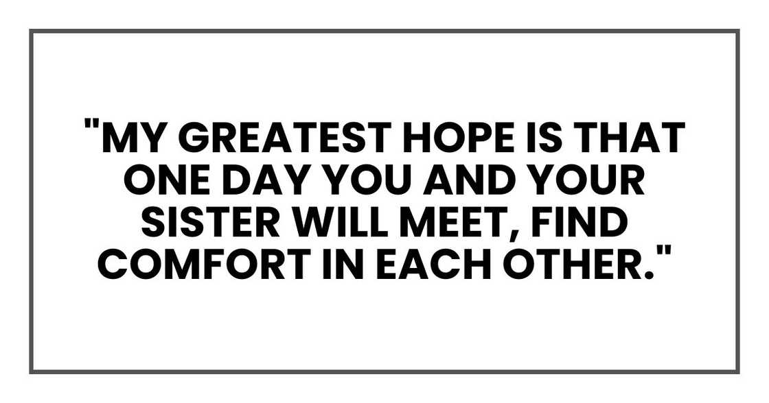 My greatest hope is that one day you and your sister will meet, find comfort in each other