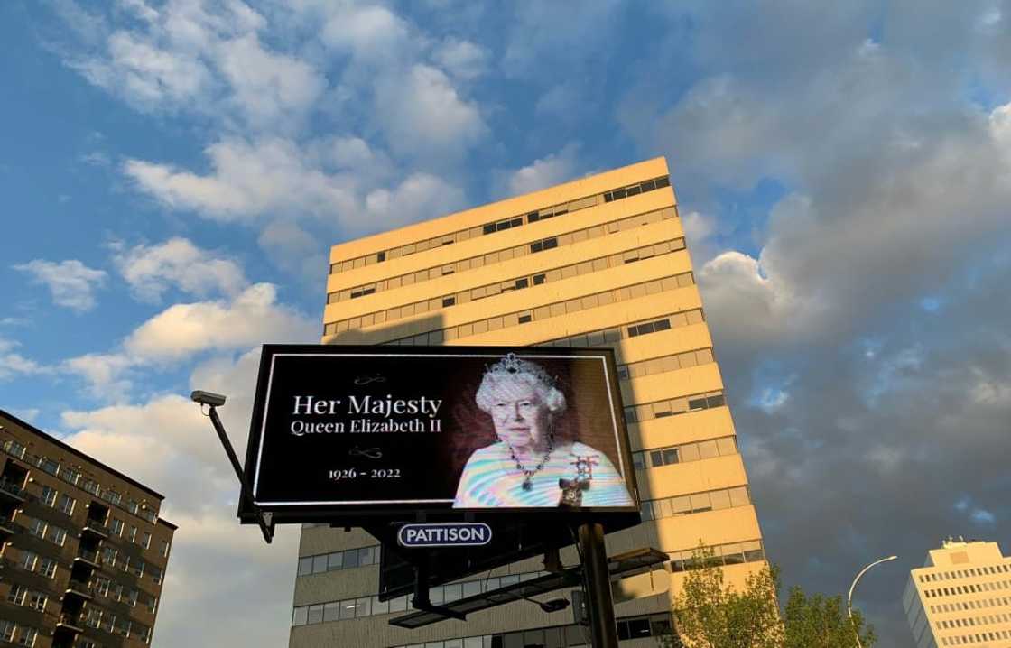 A digital billboard honors Britain's Queen Elizabeth II on September 9, 2022, in Regina, Saskatchewan, Canada A digital billboard honors Britain's Queen Elizabeth II on September 9, 2022, in Regina, Saskatchewan, Canada