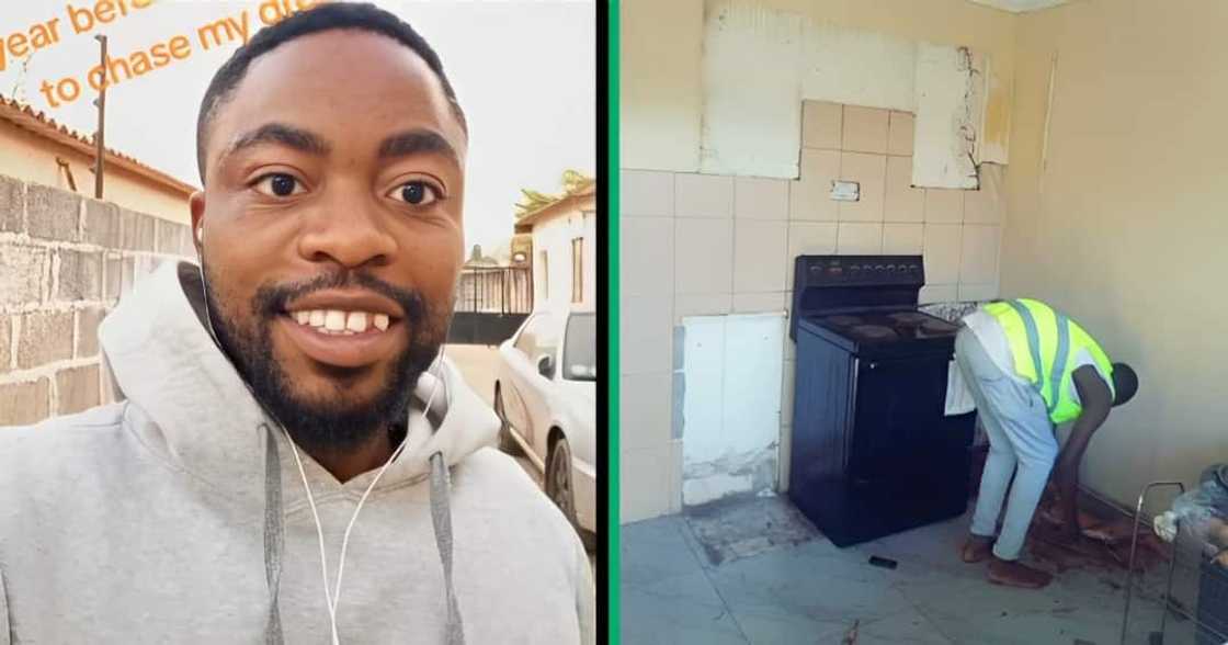 A TikTok video shows a man transforming a Kitchen. A TikTok video shows a man transforming a Kitchen.