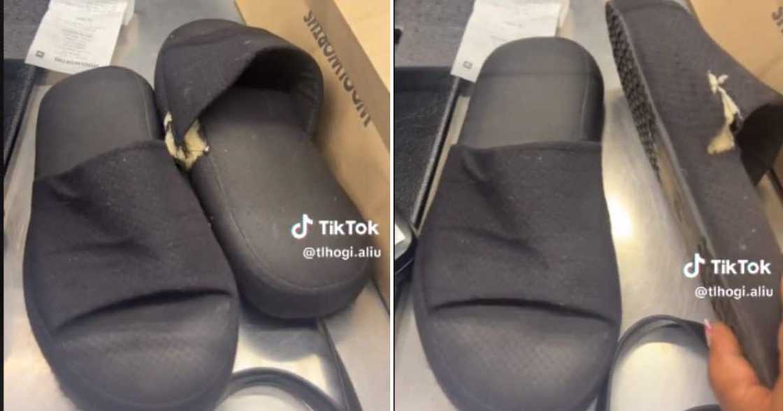 Woman returns worn out slippers to Woolworths. Woman returns worn out slippers to Woolworths.