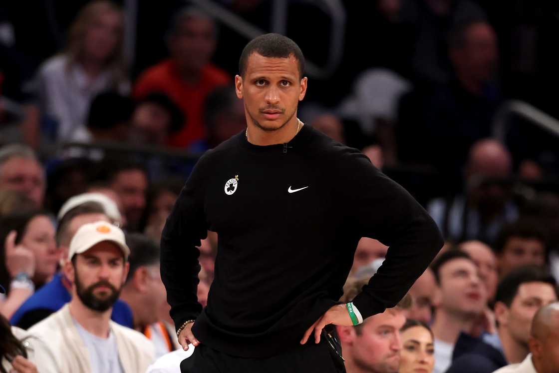 Joe Mazzulla of the Boston Celtics reacts against the New York Knicks during the second quarter in Game Three of the Eastern Conference Joe Mazzulla of the Boston Celtics reacts against the New York Knicks during the second quarter in Game Three of the Eastern Conference