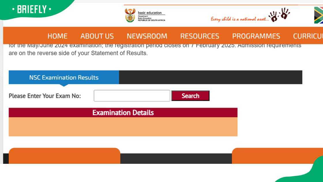 A screenshot of the Department of Basic Education site for checking matric results