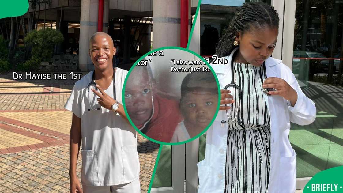 Siblings posed in their medical student uniforms and stethoscopes Siblings posed in their medical student uniforms and stethoscopes