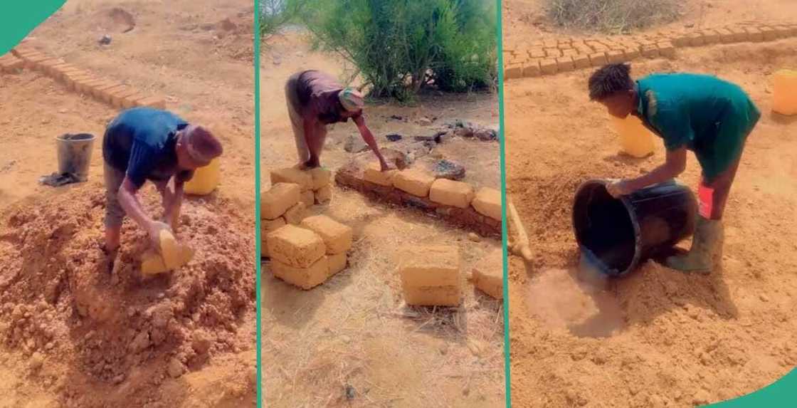 A video emerged of a man mixing sand to make bricks for building a house