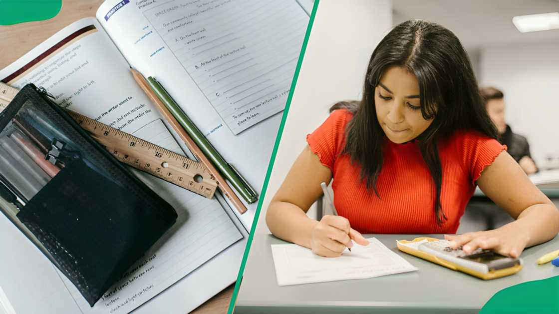 An examination set tools and a book and a female student doing her exams. An examination set tools and a book and a female student doing her exams.