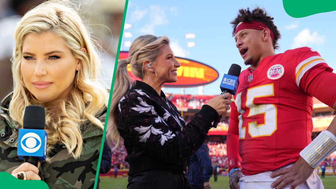 Melanie Collins at the Nissan Stadium in 2021 (L). The reporter during a 2024 interview with Patrick Mahomes at Arrowhead Stadium (R) Melanie Collins at the Nissan Stadium in 2021 (L). The reporter during a 2024 interview with Patrick Mahomes at Arrowhead Stadium (R)
