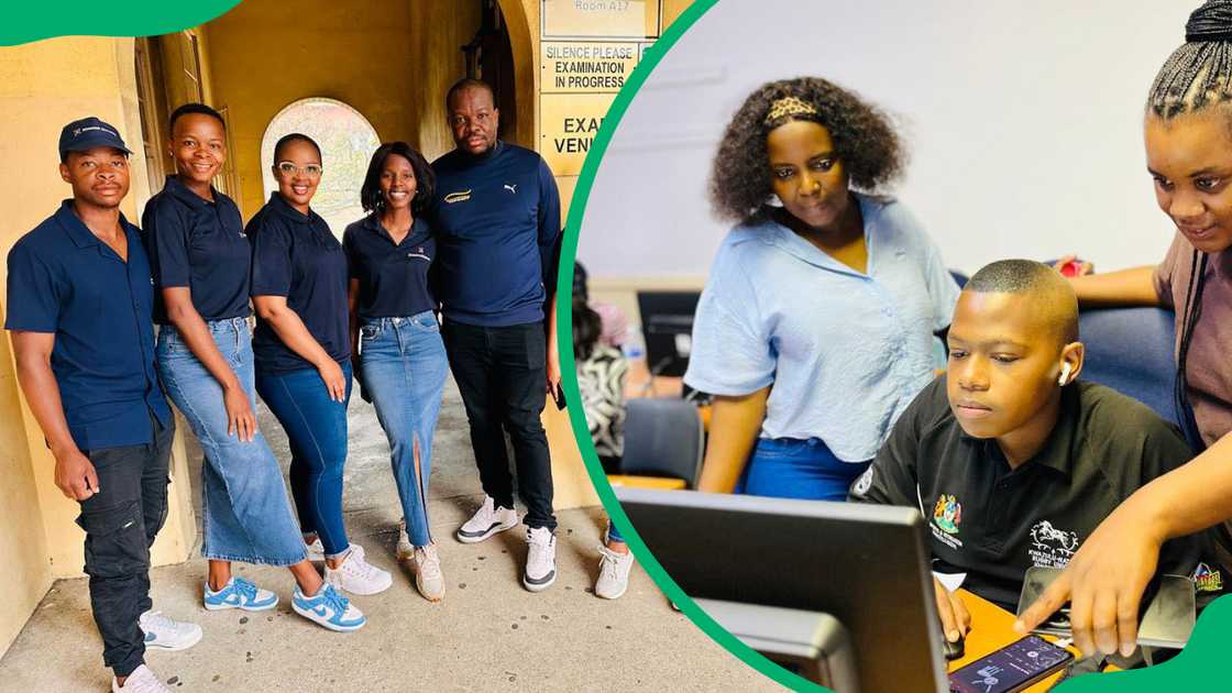 Thekwini College students in branded T-shirts smiling and students in the computer lab with their trainers Thekwini College students in branded T-shirts smiling and students in the computer lab with their trainers