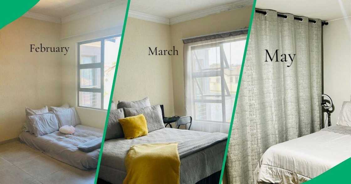 A young woman shows what her bedroom looked like from February to May.