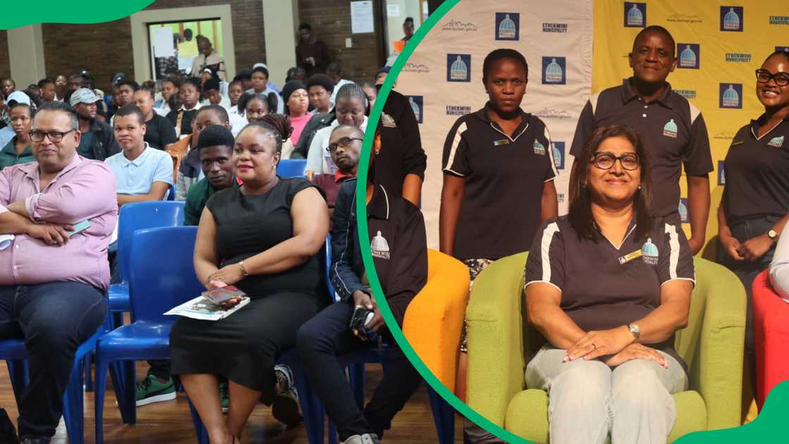 Thekwini College staff members and students in the conference room and staff members in front of their college banner Thekwini College staff members and students in the conference room and staff members in front of their college banner