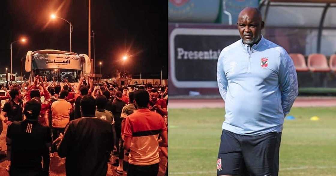 Al Ahly fans shower the team and coach Pitso Mosimane will love as they arrive in Sudan. Image: Twitter Al Ahly fans shower the team and coach Pitso Mosimane will love as they arrive in Sudan. Image: Twitter