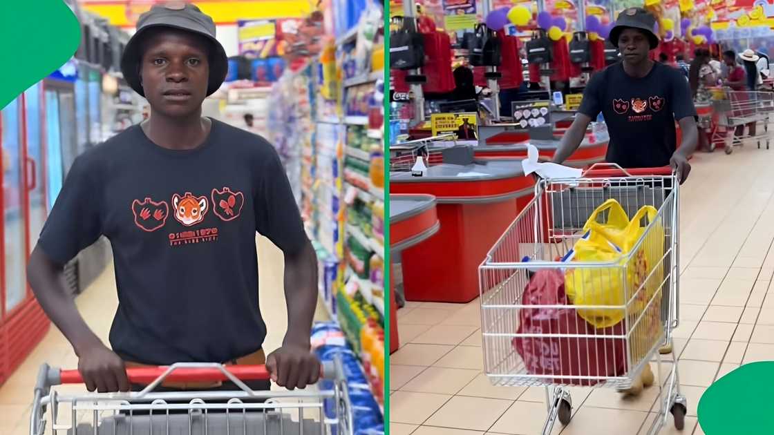 A TikTok video shows a young man buying essential groceries for his mom.