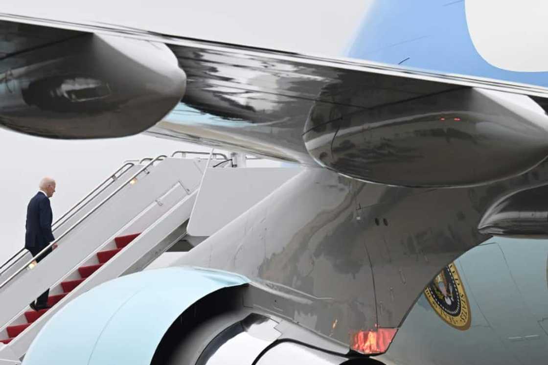 US President Joe Biden boards Air Force One to fly to California for an AUKUS summit with his British and Australian counterparts US President Joe Biden boards Air Force One to fly to California for an AUKUS summit with his British and Australian counterparts