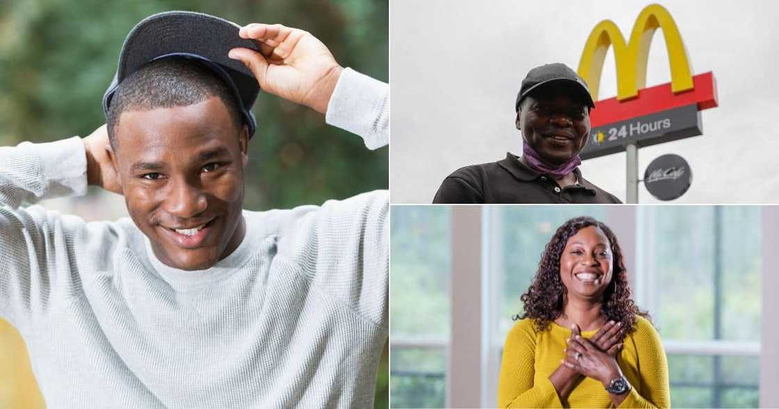 Young African American man, man outside a McDonalds fast-food, Woman in her 50s