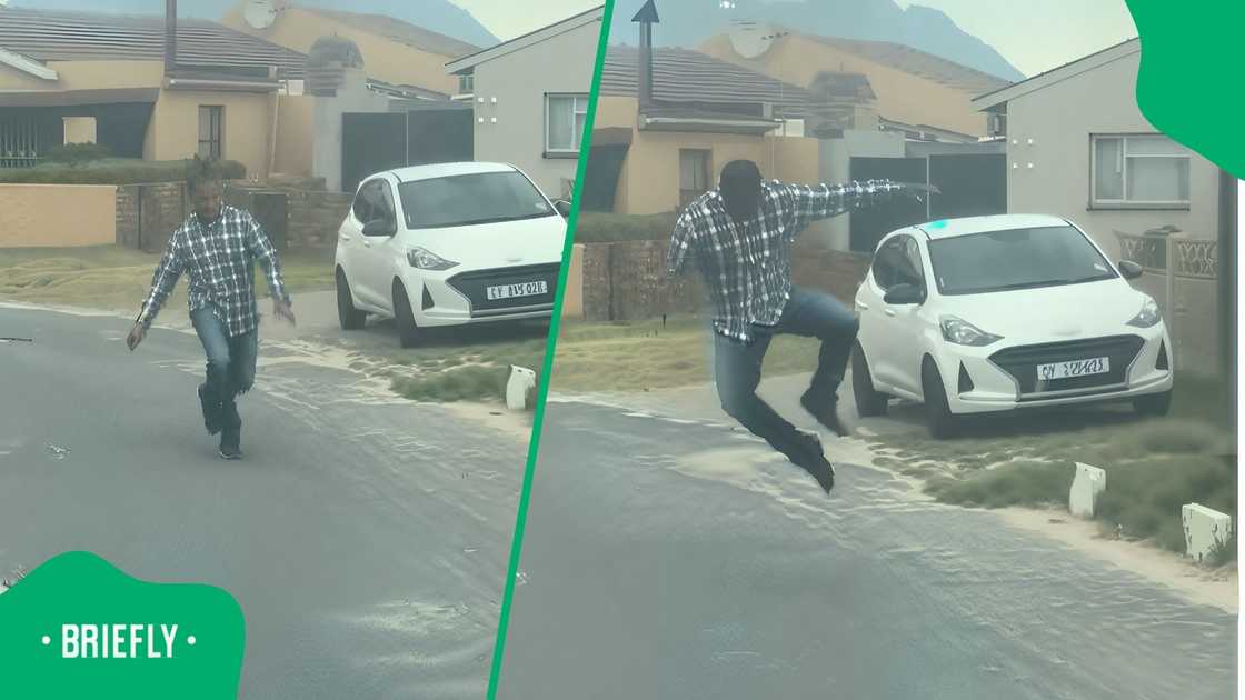 A local man excitedly hops from down the road to the taxi to hug and kiss his wife.