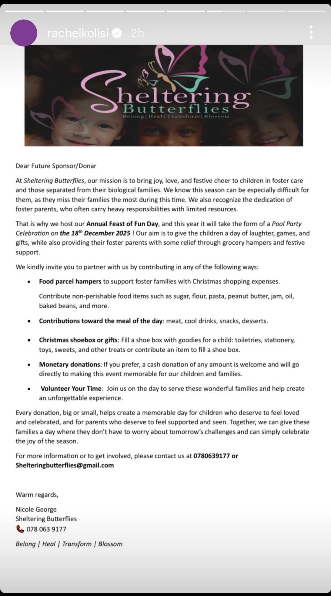 Rachel Kolisi asks for donations on behalf of orphanages and elderly homes