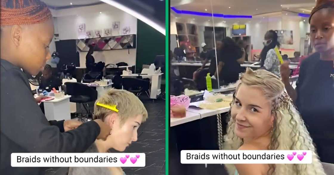 A white woman from Tshwane gets her short hair braided with blonde extensions. A white woman from Tshwane gets her short hair braided with blonde extensions.