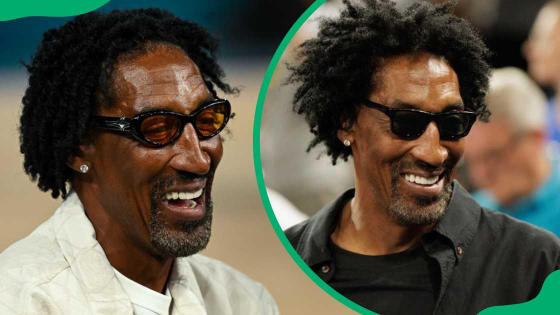 Scottie Pippen in a white jacket and in another event in a black jacket. Scottie Pippen in a white jacket and in another event in a black jacket.
